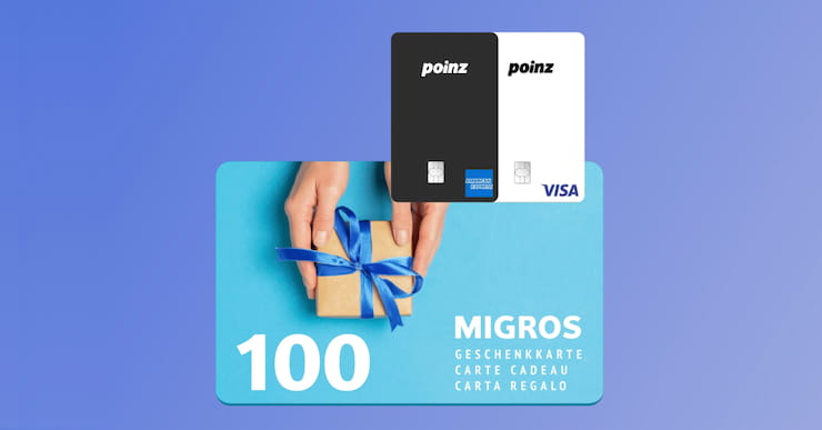 Migros Geschenkkarte und poinz Kreditkarten (American Express und Visa) auf blauem Hintergrund